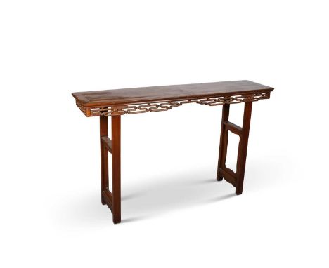 A CHINESE HONGMU ALTAR TABLE, EARLY 20TH CENTURY the rectangular top with an inset 'floating' panel over a carved and pierced