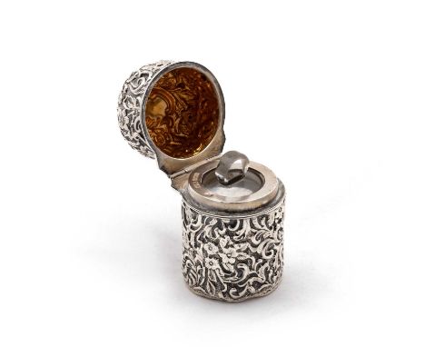 AN EDWARDIAN SILVER SCENT BOTTLE  by Henry Matthews, Birmingham 1901, retailed by Hardy Bros, Sydney, cylindrical, the hinged