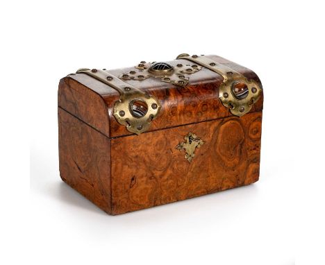 A VICTORIAN BRASS AND AGATE MOUNTED BURR WALNUT TEA CADDY the domed hinged cover applied with brass strapwork mounted with ba
