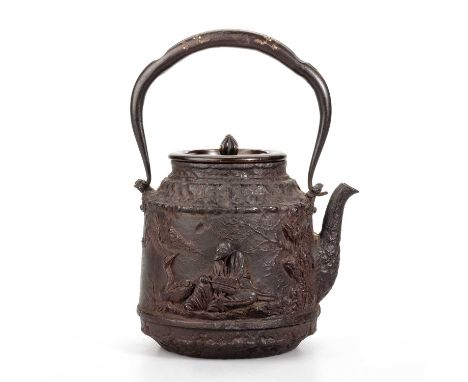 A JAPANESE TETSUBIN (IRON KETTLE) AND COVER, BY DAIKOKU, MADE FOR THE SEIJUDO COMPANY, MEIJI PERIOD cast in cylindrical form,