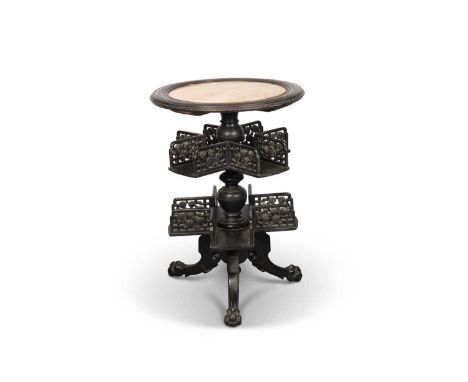 A CHINESE MARBLE-INSET HARDWOOD REVOLVING STAND, CIRCA 1900 the moulded circular top enclosing a circular marble panel, over 