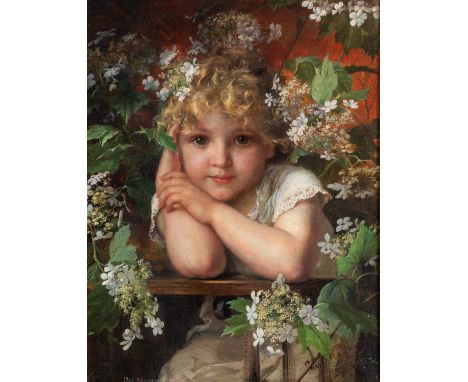 PAUL HERMANN WAGNER (GERMAN 1852-1937) PORTRAIT OF A CHILD SURROUNDED BY BLOSSOM  Signed and inscribedOil on canvas   47cm x 