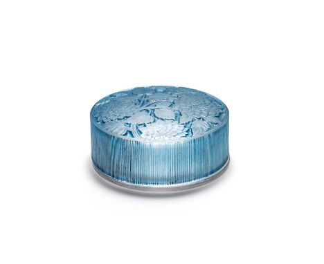 RENÉ LALIQUE (FRENCH, 1860-1945), A 'MEUDON' BOX AND COVER, DESIGNED 1924 frosted and blue stained glass, moulded R. LALIQUE 