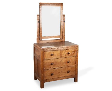 ROBERT THOMPSON OF KILBURN, AN EARLY MOUSEMAN OAK DRESSING CHEST, CIRCA 1930-40 the mirror with a penny-moulded pediment and 