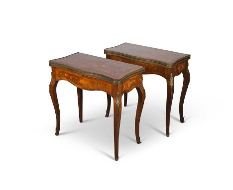 A PAIR OF FLORAL MARQUETRY AND ROSEWOOD CARD TABLES, 19TH CENTURY each with a serpentine top opening to reveal a green baize-