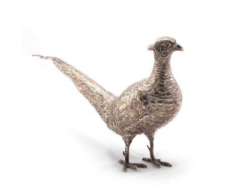 A GERMAN SILVER MODEL OF A PHEASANT by Neresheimer, Hanau, import marks, Berthold Muller, Chester 1908, modelled standing, ch