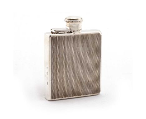 A GEORGE V SILVER HIP FLASK by Padgett &amp; Braham Ltd, London 1929, rectangular form, engine-turned, with a hinged bayonet 