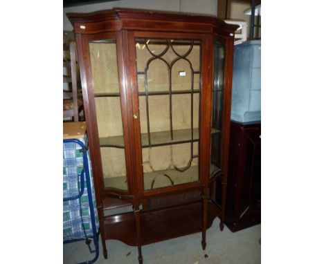 Edwardian mahogany in laid display cabinet with single glazed door with under tier shelf on square tapering supports