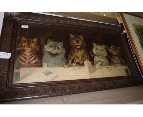 Framed print in the style of Louis Wain in carved wooden frame depicting cats