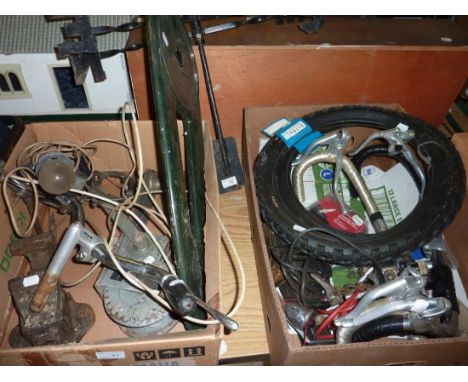 2 boxes of assorted bike equipment inc handlebars, tools etc