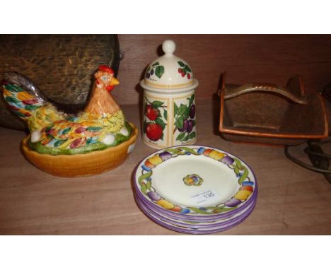 Ringtons tea caddy with fruit decoration, chicken egg crock, set fruit plates & Art Deco style basket