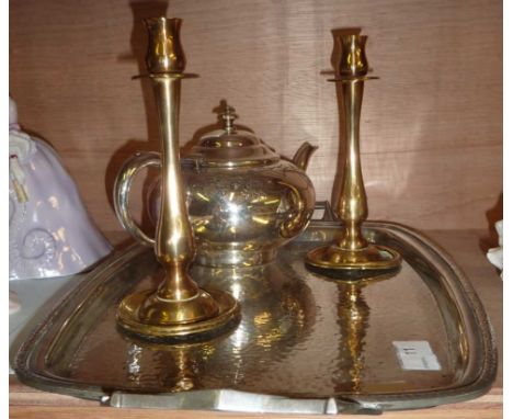 2 handled pewter tray, brass candlesticks & silver plated teapot