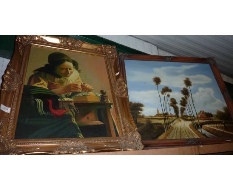Gilt framed board print depicting young girl sewing and a framed oil on canvas depicting country lane scene