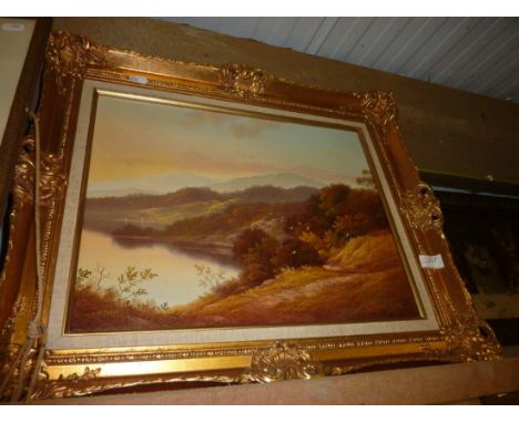 Gilt framed print on canvas depicting lake in mountain landscape signed A.Grant Kurtis