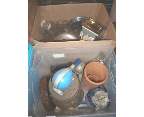 2 boxes of assorted kitchenalia inc butter churn, paraffin lamp, napkin dispensers etc
