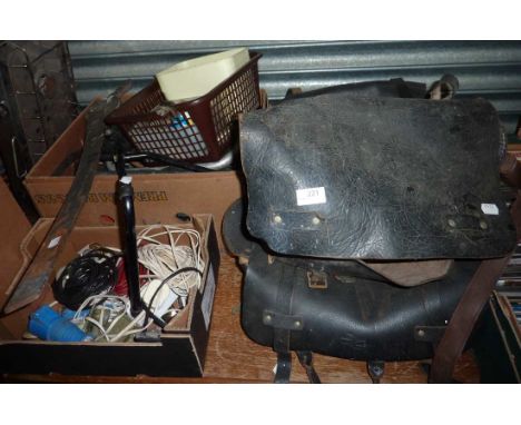 Selection of tools in leather carry bags and 2 boxes and a paraffin camping stove
