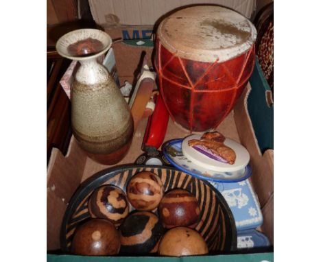 Selection of modern items inc animal skin drum, ornaments, 2 Wedgwood trinket pots etc