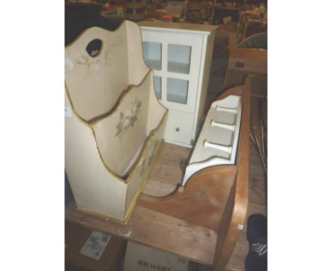 Painted magazine rack, small white cabinet with glazed doors and 2 cupboards, pine wall shelf and a white hanging coat rack w