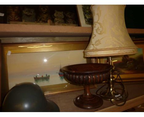 Brass table lamp, wooden carved fruit bowl with registration marked base and a gilt framed watercolour depicting boats