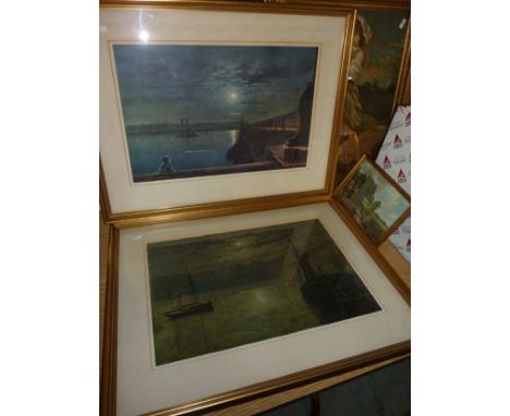 2 gilt framed prints depicting night harbour scenes and small gilt framed print