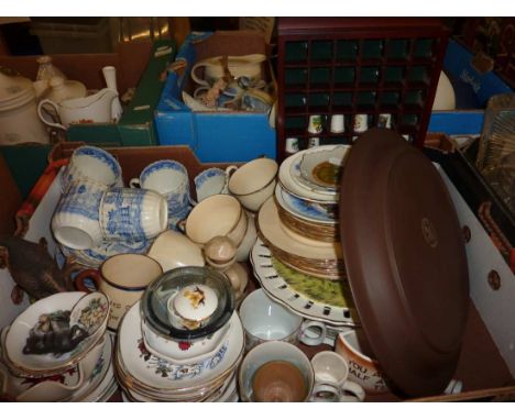 Decorative plates, blue and white cups and saucers, pin dishes etc
