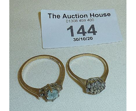 9ct gold ring set with an aquamarine stone (approx size N) (missing stone) and another with diamond chips (worn) possible scr