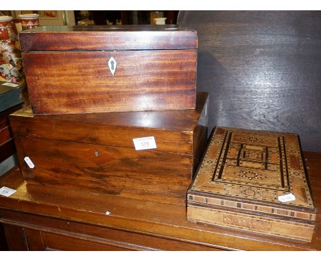 Victorian mahogany writing slope, Georgian tea caddy and a Tunbridge Ware type inlaid box