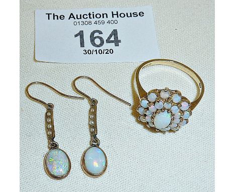 9ct gold dress ring set with opals and a pair of gold, opal and seed pearl drop earrings, ring size approx UK 'O'