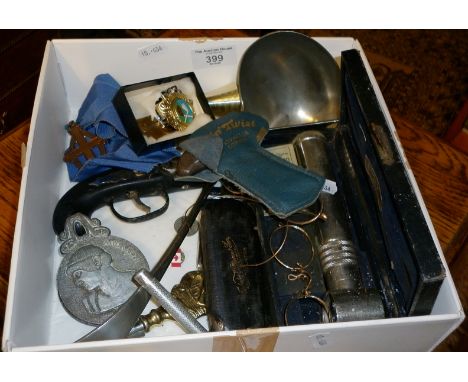 Box of assorted items, inc. the Ultra Lens in case, enamel badges and religious pendant, pince-nez glasses, Clifton pipe clea