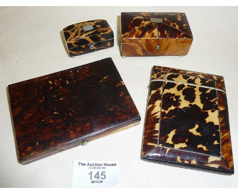 Two miniature tortoiseshell tea caddy shaped boxes, an Aide Memoire with pencil and a card case