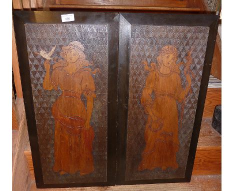 Pair of Arts &amp; Crafts pokerwork panels depicting Pre-Raphaelite ladies in the manner of Walter Crane for Morris &amp; Co