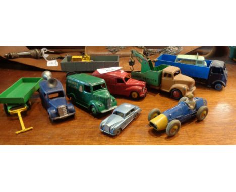 Collection of Dinky Toys diecast vehicles, inc. A Dinky Service Truck, Nestle Van, Chivers Jellies van, a Ferrari Racing car 