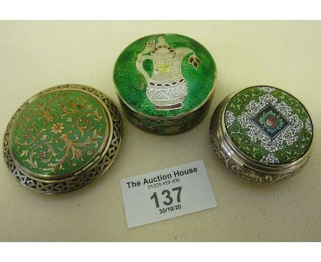 Three silver and enamel pill boxes