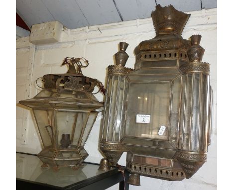Moroccan brass tin and glass wall light and a similar hall light