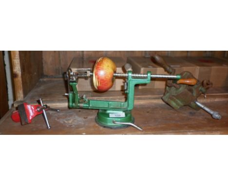 Patent apple peeler, corer and slicer machine, metal bean slicer and a small table vice