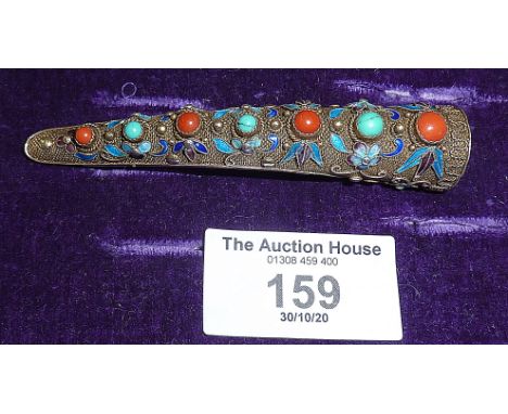 Early 20th century enamel and silver filigree Chinese finger guard, set with coral and turquoise cabochons