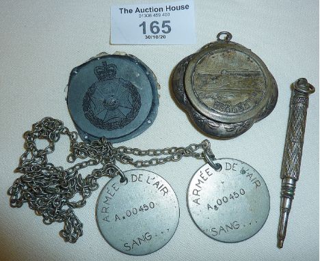 French WW1 Commemorative military items including a small mirrored patch type box marked as TRANCHEE DES BAIONETTES VERDUN so