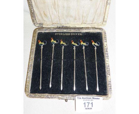 Cased sterling silver and enamel cocktail skewers or sticks with cockerel finials