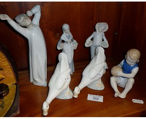 Two Nao china geese, Nao "yawning boy" and 3 other Lladro-type figures