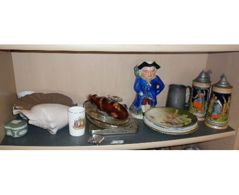 Shelf of assorted china etc. inc. musical Toby Jug Long John Silver, Poole Pottery shell, King Edward VIII beaker, beer stein