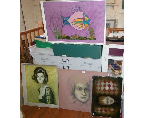 Two strange 1960s portraits in oils on board of girls faces, a 1960's Tretchikoff style colour print portrait after Lou Shabn