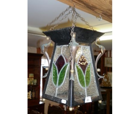 Arts &amp; Crafts iron, copper and stained glass hanging or standing lantern hall shade