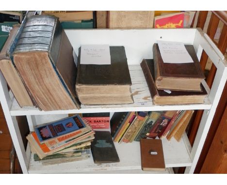 Family Bible 1841, and 1840 Holy Bible and an 1889 Bible from the Gill family of Abbotsbury together with a shelf of assorted