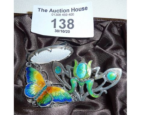 Arts and Crafts style silver and enamel brooch, 925 silver and enamel butterfly necklace and Russian guilloche enamel and sil