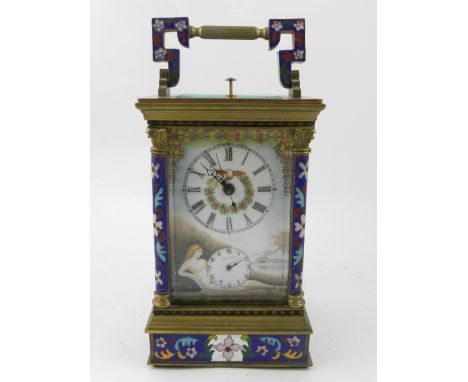 A polished brass and cloisonné corniche cased repeating alarm carriage clock, the repeating movement set lever escapement, st