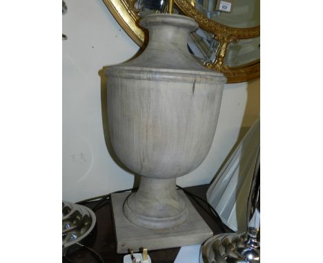 An unusual carved and turned pine table lamp, fashioned as an urn H.48cm (base)