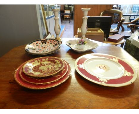 Three Wedgwood plates, 'Ruby Tonquin' design, a pair of Royal Staffordshire pottery plates, together with other ceramic sundr