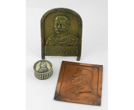 A pressed copper plaque of Edward Rigg J.SO, marked De Snulles 1903, together with one other metal plaque depicting Sir Dougl