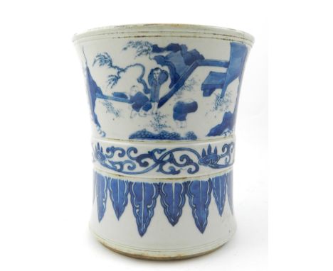 A Chinese blue and white brush pot, having an everted rim and decorated with children playing in a forecourt, and having a st