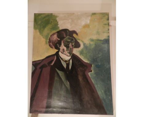 A 20th century continental school, an expressionist half length portrait, with a theatrical gentleman, indistinctly signed, o